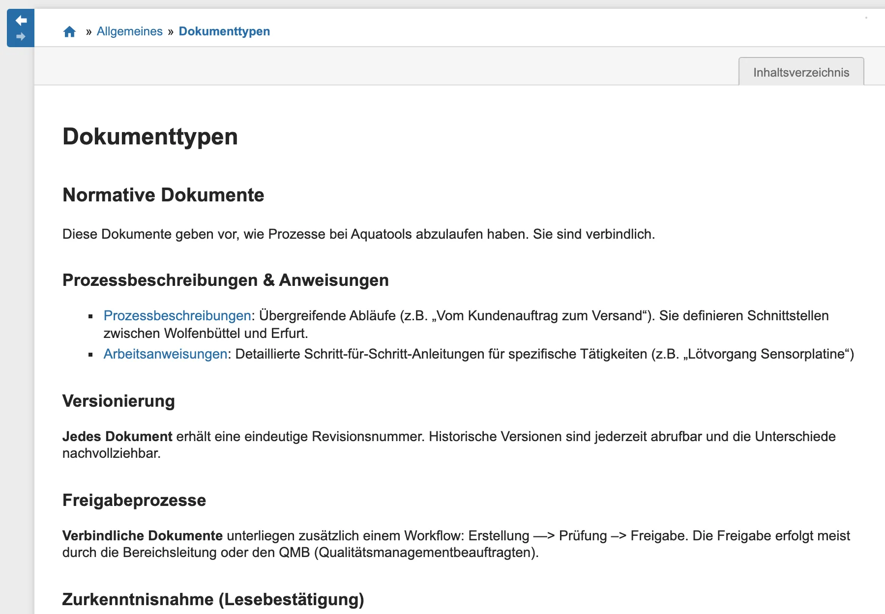 Seite „Dokumenttypen“ im Demo-Wiki: normative Dokumente, Versionierung, Freigabeprozesse und Lesebestätigung