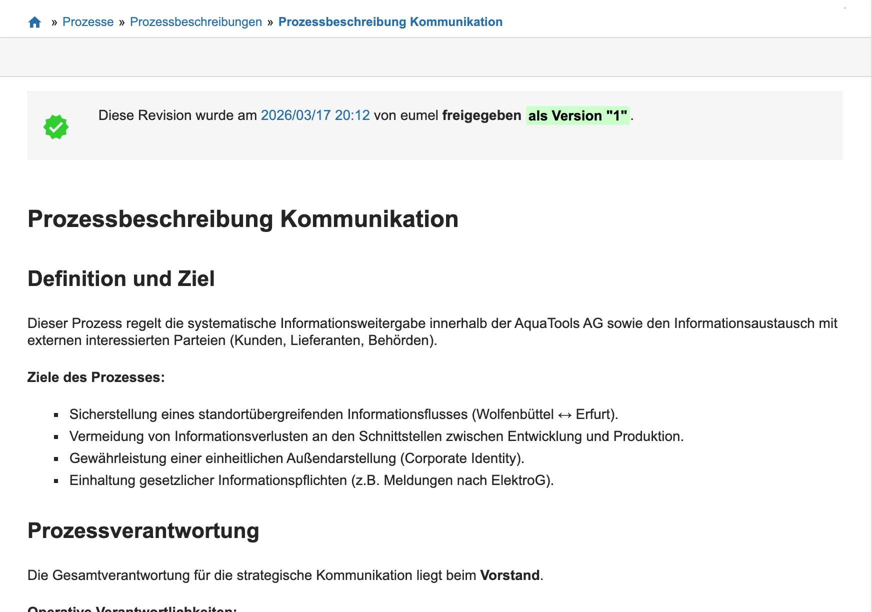 Prozessbeschreibung „Kommunikation“ im Demo-Wiki mit Freigabehinweis, Definition und Ziel sowie Prozessverantwortung
