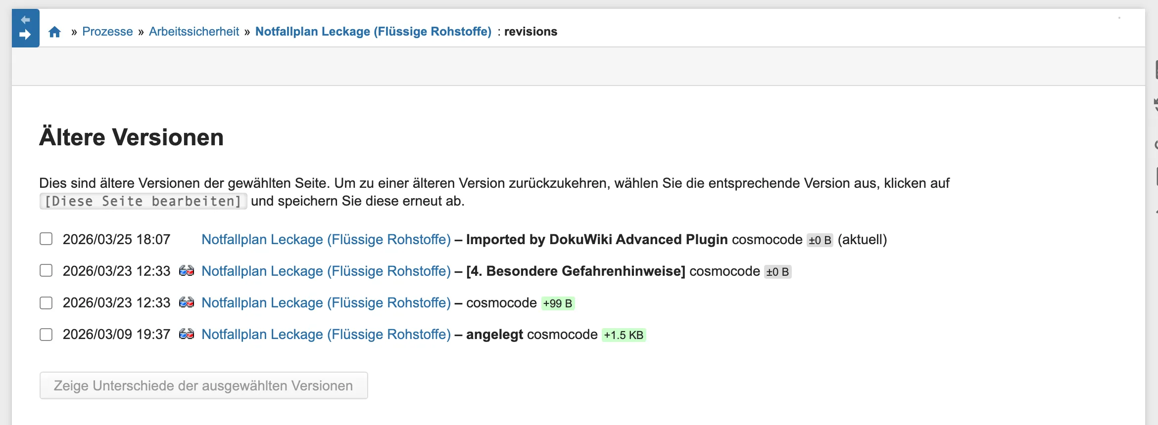 Versionsliste einer Seite im Demo-Wiki mit Datum, Änderungszusammenfassung, Autor und Umfang der Änderung